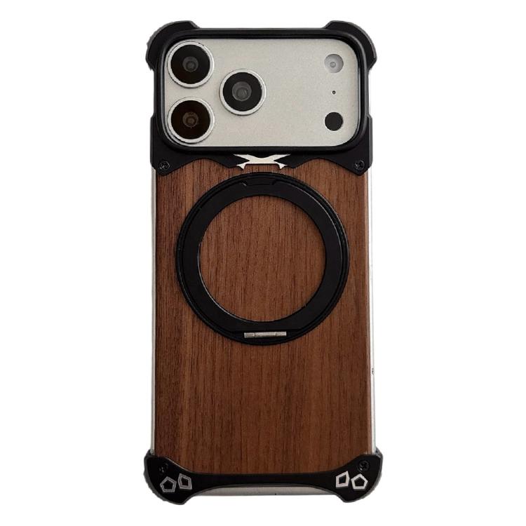 For iPhone 17 Pro Leopard Walnut Wood Metal Frameless 360 Rotation Holder Magnetic Phone Case(Black)