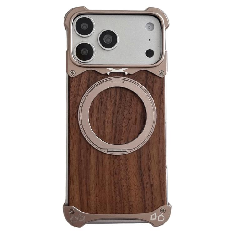 For iPhone 17 Pro Leopard Walnut Wood Metal Frameless 360 Rotation Holder Magnetic Phone Case(Desert Gold)
