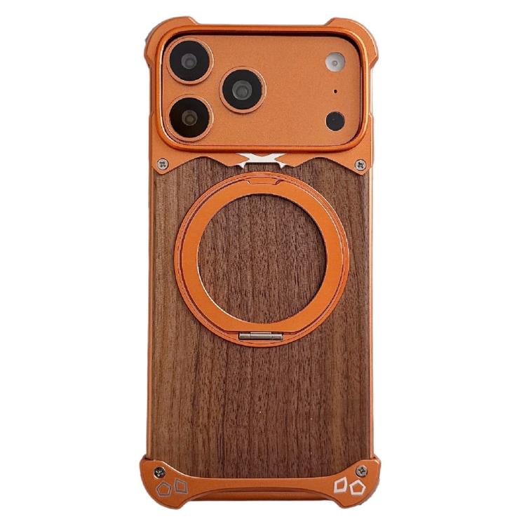 For iPhone 17 Pro Leopard Walnut Wood Metal Frameless 360 Rotation Holder Magnetic Phone Case(Orange)