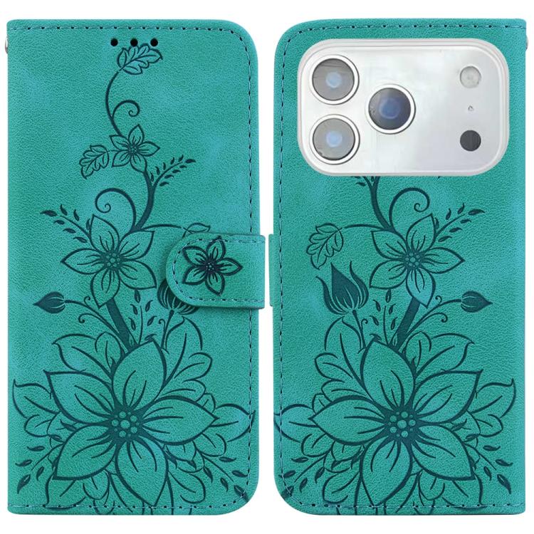 For iPhone 17 Pro Lily Embossed Leather Phone Case(Green)