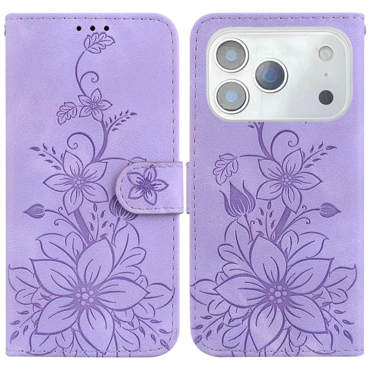 For iPhone 17 Pro Lily Embossed Leather Phone Case(Purple)