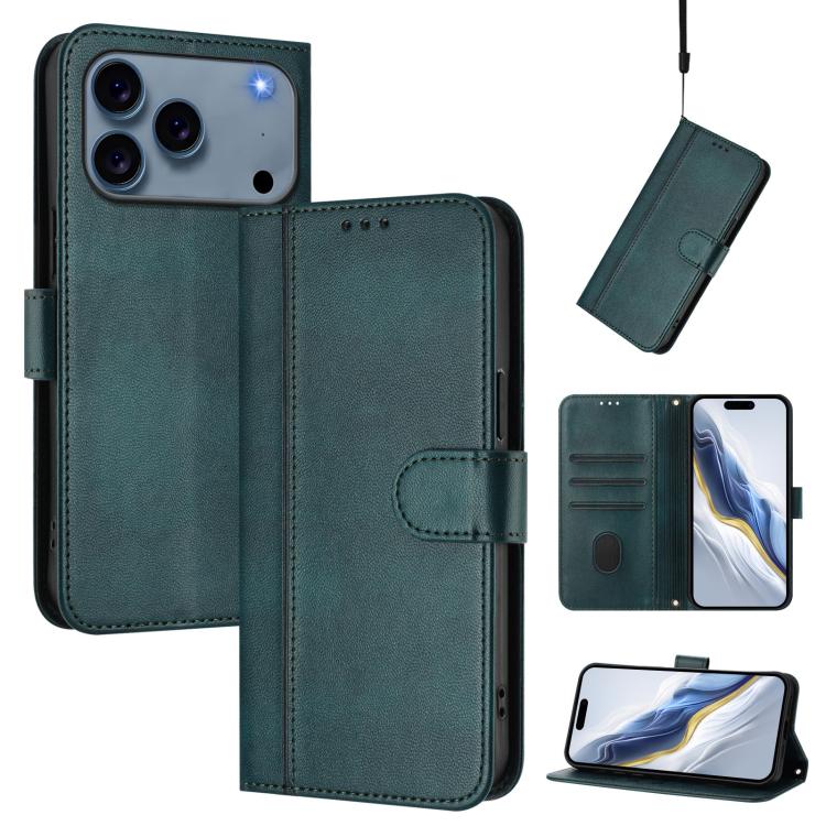 For iPhone 17 Pro Line Splicing Buckle Retro Leather Phone Case(Dark Green)