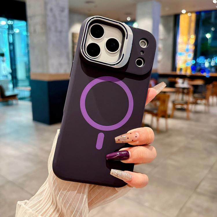 For iPhone 17 Pro Liquid Silicone Magnetic Phone Case with Lens Frame Holder(Purple)