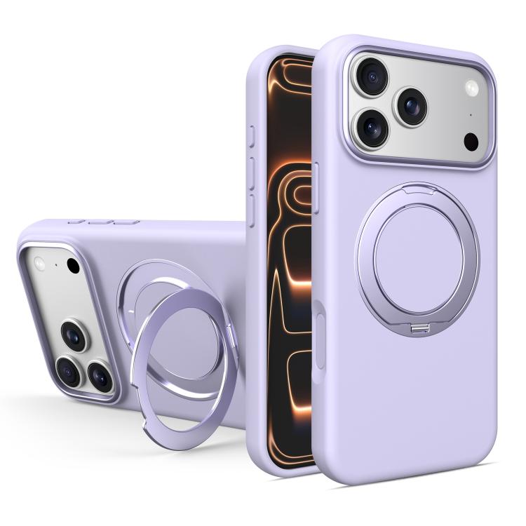 For iPhone 17 Pro Liquid Silicone Magnetic Phone Case with Rotating Stand(Purple)