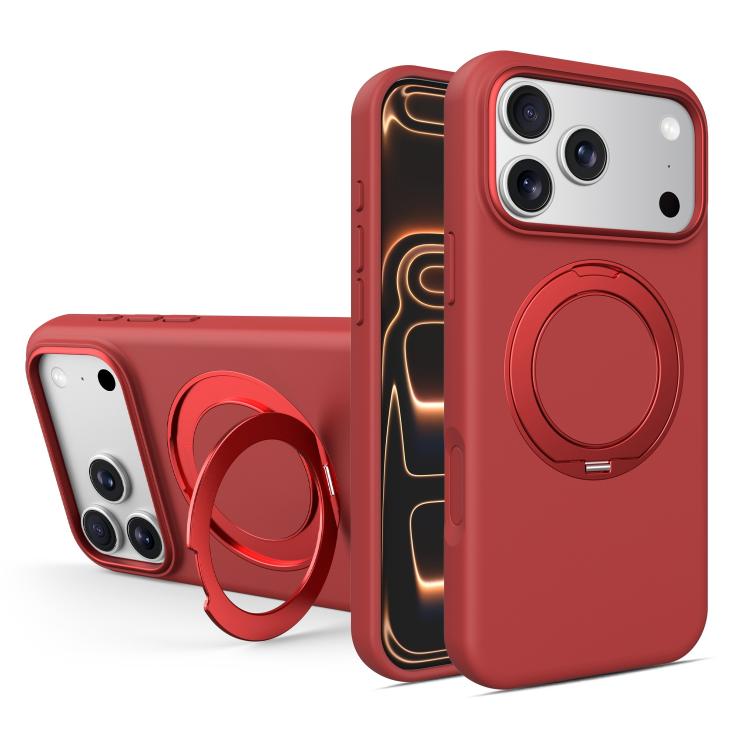 For iPhone 17 Pro Liquid Silicone Magnetic Phone Case with Rotating Stand(Red)