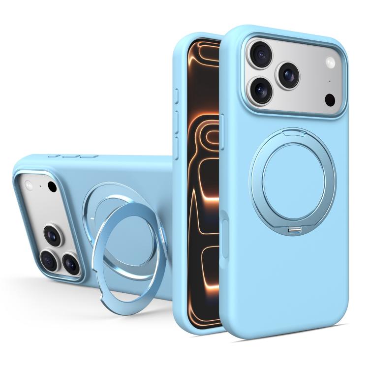 For iPhone 17 Pro Liquid Silicone Magnetic Phone Case with Rotating Stand(Sky Blue)