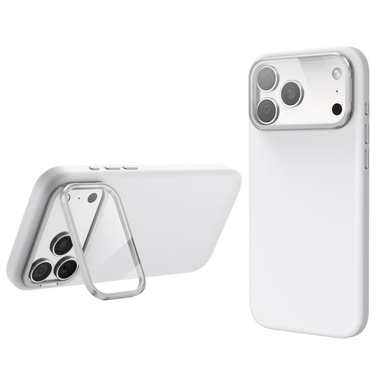 For iPhone 17 Pro Liquid Silicone Magnetic Shockproof Phone Case with Lens Cover Kickstand(White)