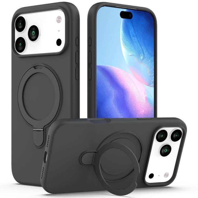 For iPhone 17 Pro Liquid Silicone MagSafe Magnetic Phone Case with Ring Holder(Carbon Black)