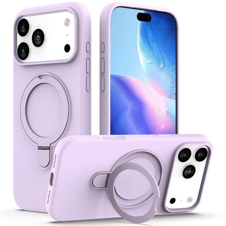 For iPhone 17 Pro Liquid Silicone MagSafe Magnetic Phone Case with Ring Holder(Lilac Purple)
