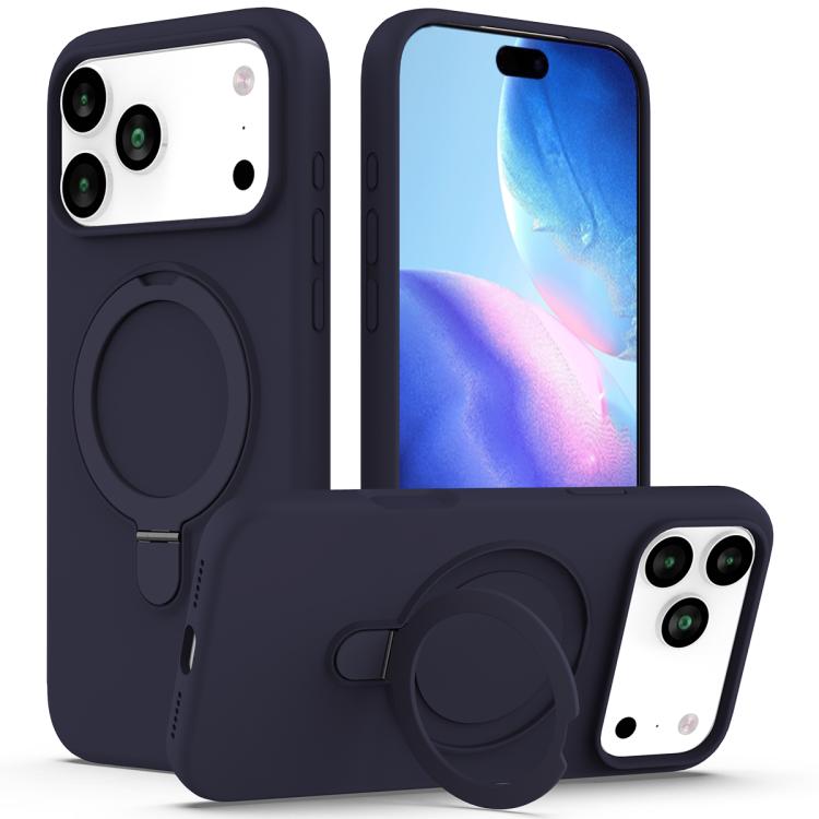 For iPhone 17 Pro Liquid Silicone MagSafe Magnetic Phone Case with Ring Holder(Midnight Blue)
