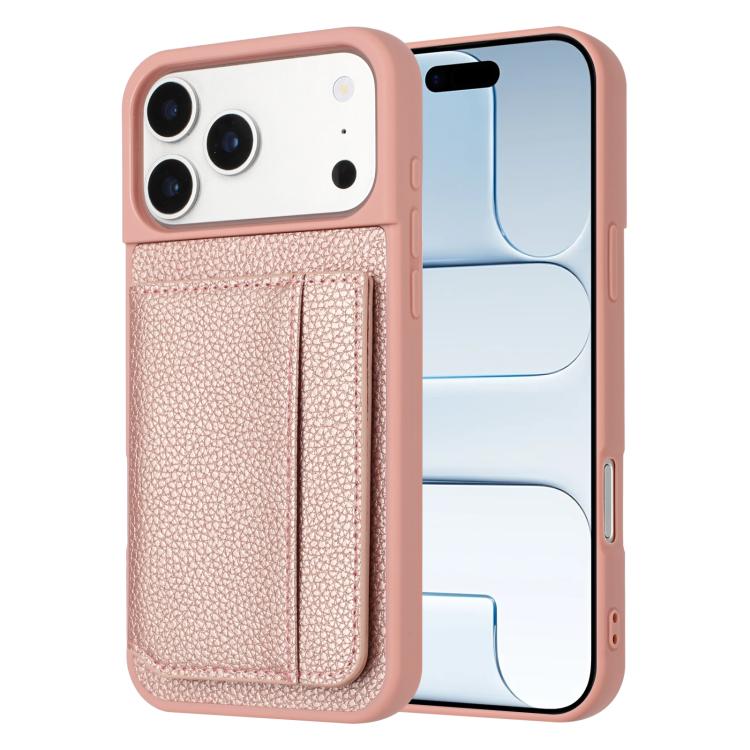 For iPhone 17 Pro Litchi Pattern Magnetic Card Bag Holder Phone Case(Rose Gold)
