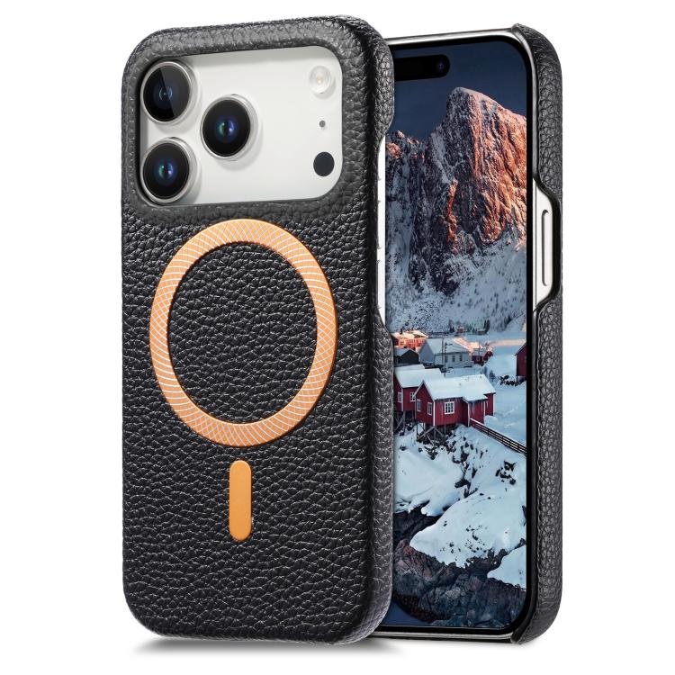 For iPhone 17 Pro Litchi Texture Brushed MagSafe PU Back Cover Phone Case(Black)