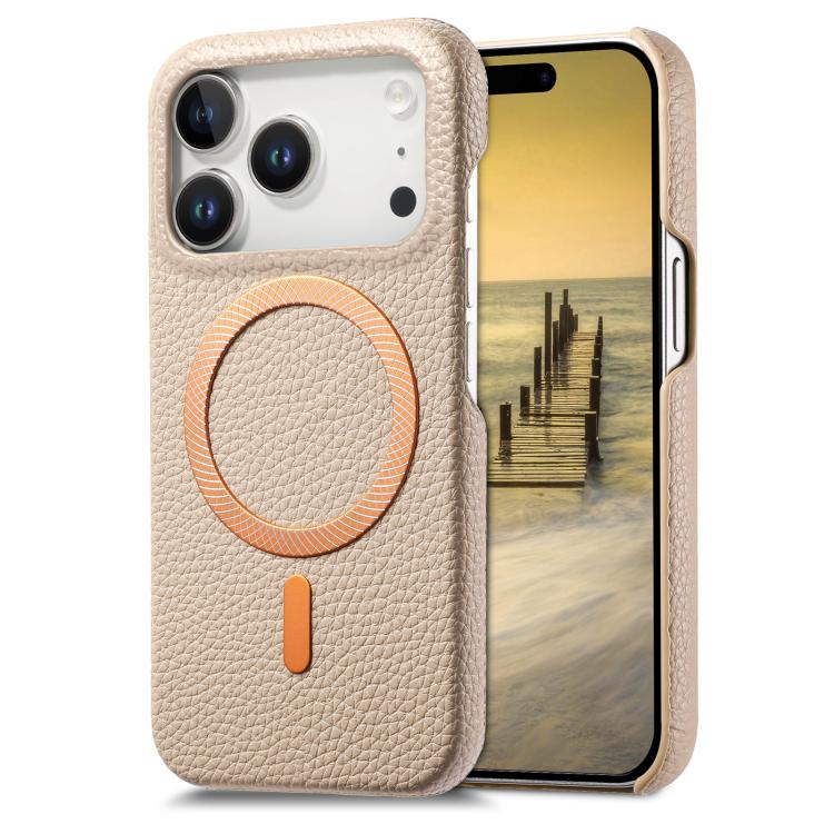 For iPhone 17 Pro Litchi Texture Brushed MagSafe PU Back Cover Phone Case(Khaki)