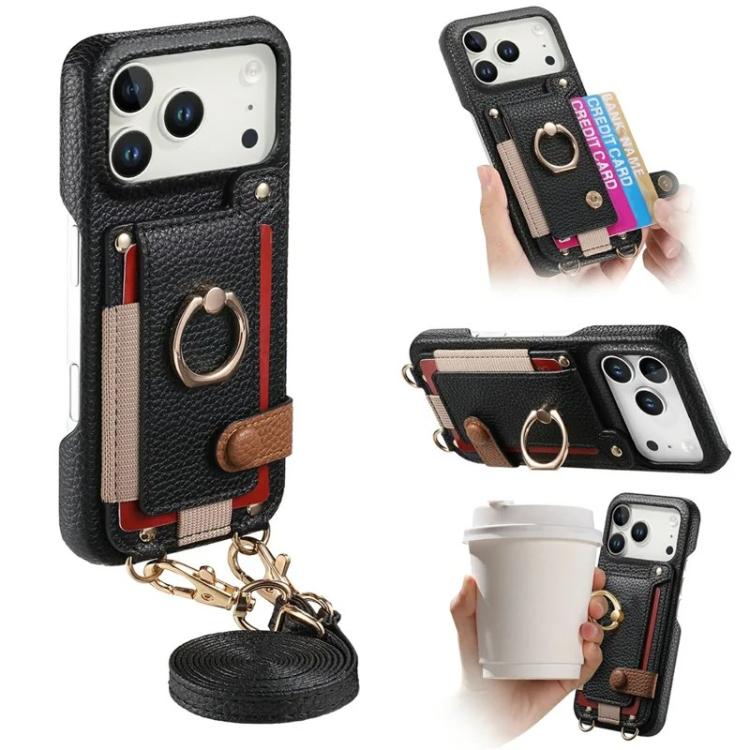 For iPhone 17 Pro Litchi Texture Card Bag Ring Holder Vegan Leather + PC Phone Case with Shoulder Strap(Black)