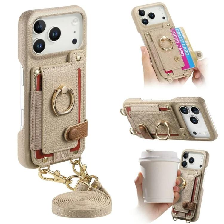 For iPhone 17 Pro Litchi Texture Card Bag Ring Holder Vegan Leather + PC Phone Case with Shoulder Strap(Khaki)