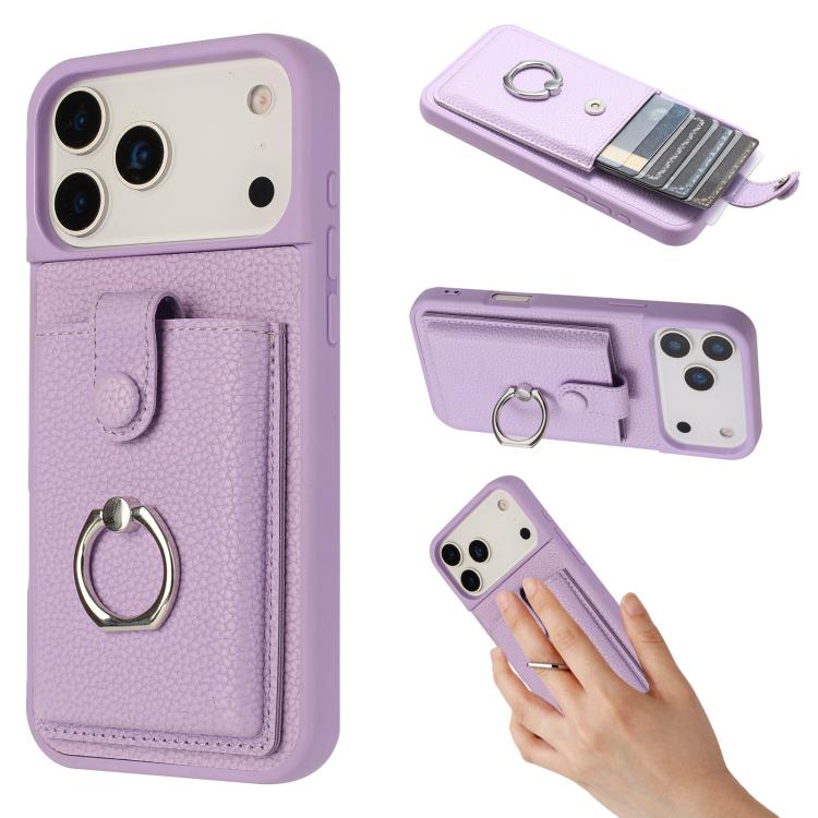 For iPhone 17 Pro Litchi Texture Drawing Card Bag Ring Holder Phone Case(Purple)