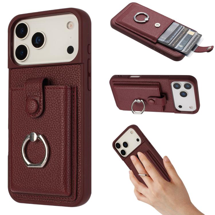 For iPhone 17 Pro Litchi Texture Drawing Card Bag Ring Holder Phone Case(Wine Red)