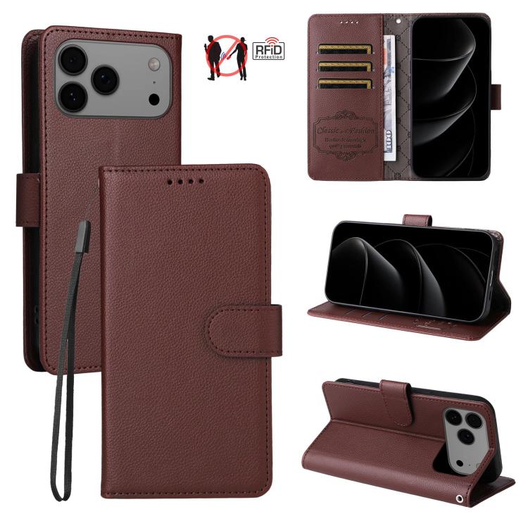 For iPhone 17 Pro Litchi Texture RFID Blocking 3-Card Wallet Leather Phone Case(Brown)