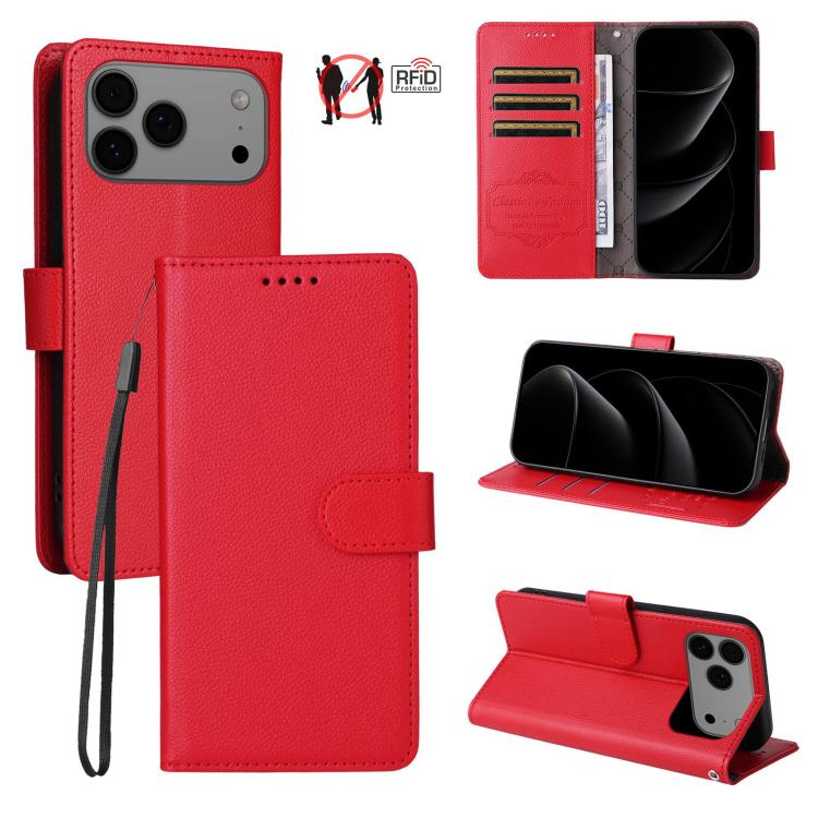 For iPhone 17 Pro Litchi Texture RFID Blocking 3-Card Wallet Leather Phone Case(Red)
