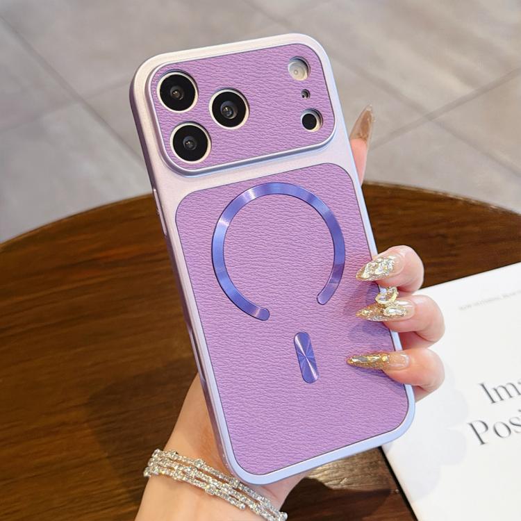 For iPhone 17 Pro Litchi Texture Vegan Leather Magnetic Phone Case(Purple)