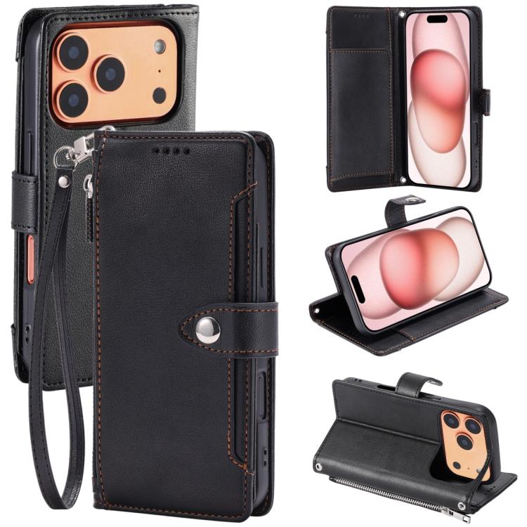 For iPhone 17 Pro Litchi Texture Zipper Wallet Buckle Vegan Leather Phone Case with Wrist Strap(Black)