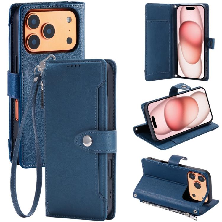 For iPhone 17 Pro Litchi Texture Zipper Wallet Buckle Vegan Leather Phone Case with Wrist Strap(Blue)