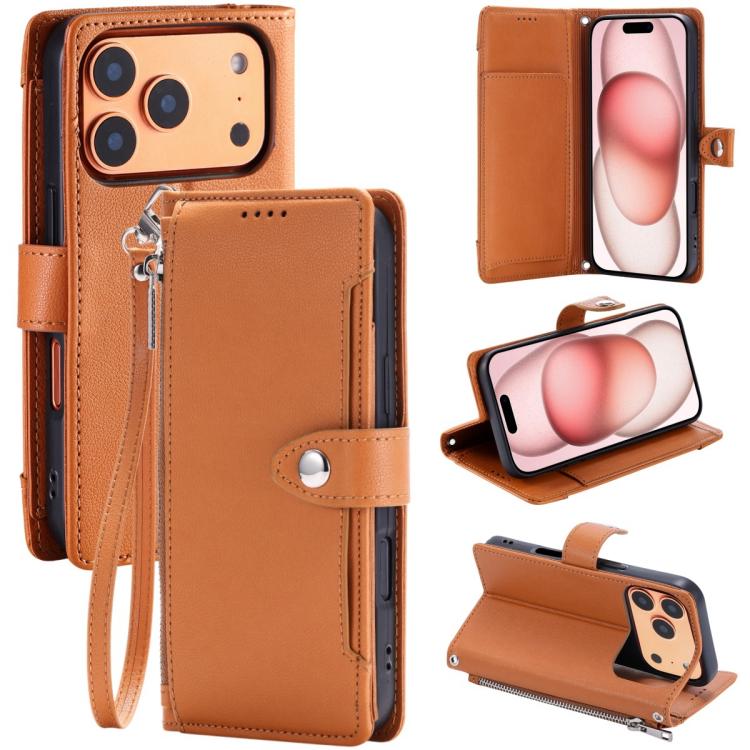 For iPhone 17 Pro Litchi Texture Zipper Wallet Buckle Vegan Leather Phone Case with Wrist Strap(Brown)