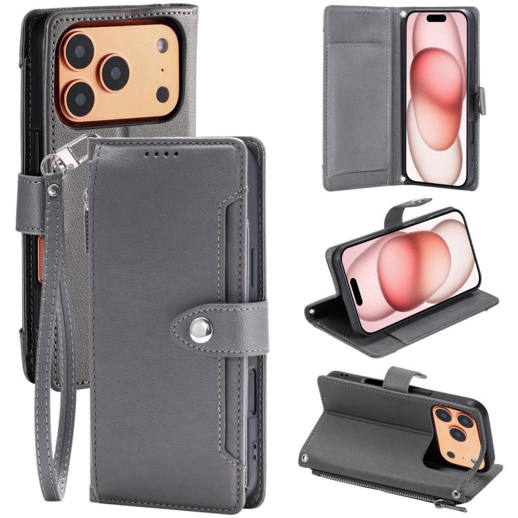 For iPhone 17 Pro Litchi Texture Zipper Wallet Buckle Vegan Leather Phone Case with Wrist Strap(Grey)