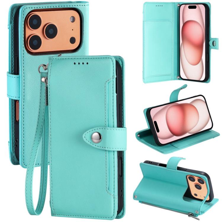 For iPhone 17 Pro Litchi Texture Zipper Wallet Buckle Vegan Leather Phone Case with Wrist Strap(Lake Blue)