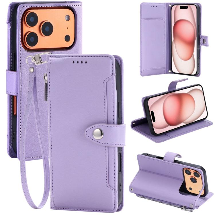 For iPhone 17 Pro Litchi Texture Zipper Wallet Buckle Vegan Leather Phone Case with Wrist Strap(Purple)