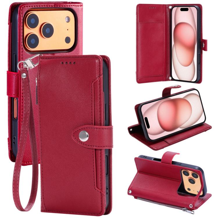 For iPhone 17 Pro Litchi Texture Zipper Wallet Buckle Vegan Leather Phone Case with Wrist Strap(Red)
