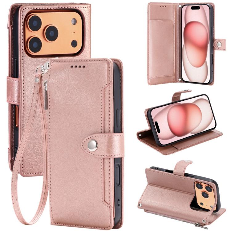For iPhone 17 Pro Litchi Texture Zipper Wallet Buckle Vegan Leather Phone Case with Wrist Strap(Rose Gold)