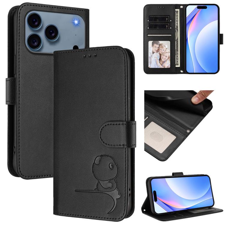 For iPhone 17 Pro Litter Panda Embossing RFID Leather Phone Case with Lanyard(Black)