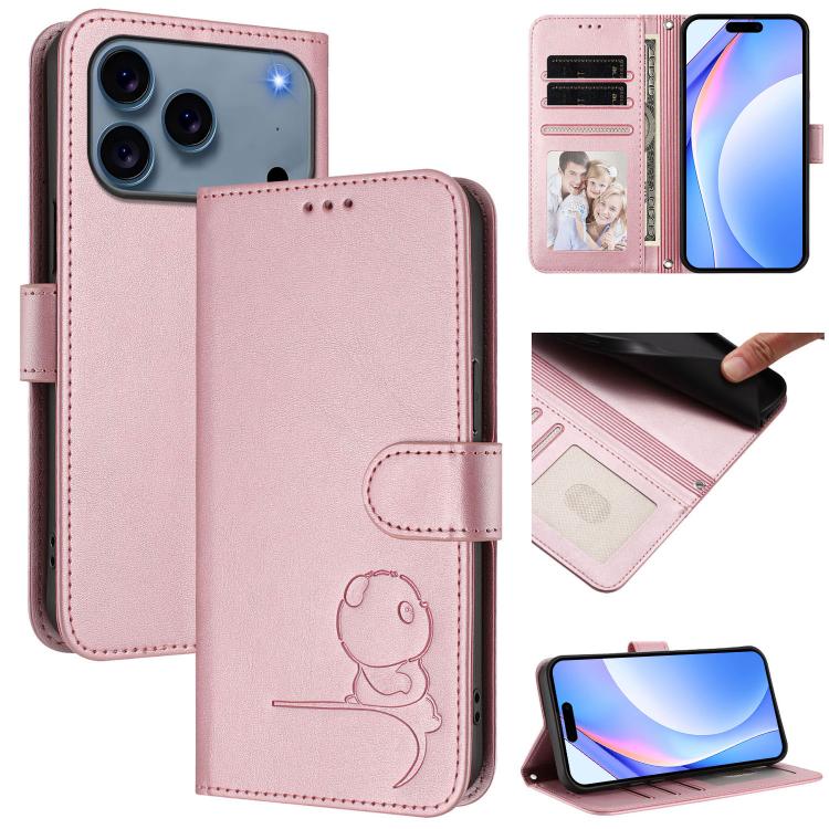 For iPhone 17 Pro Litter Panda Embossing RFID Leather Phone Case with Lanyard(Pink)