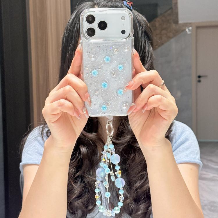 For iPhone 17 Pro Little Fresh Rose Pattern Bracelet Chain TPU Phone Case(Blue)