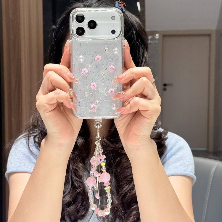 For iPhone 17 Pro Little Fresh Rose Pattern Bracelet Chain TPU Phone Case(Pink)