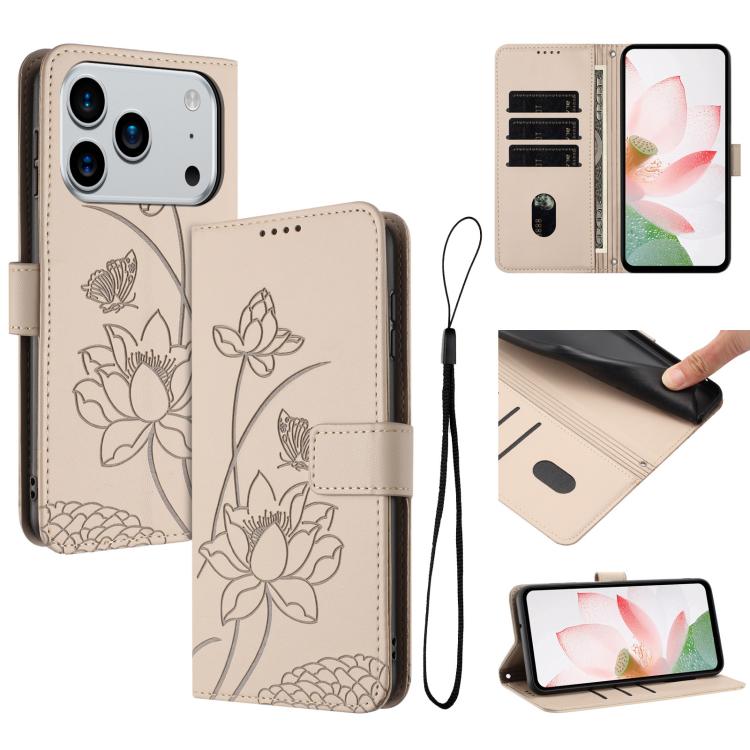For iPhone 17 Pro Lotus Embossed Leather Phone Case with Lanyard(Beige)