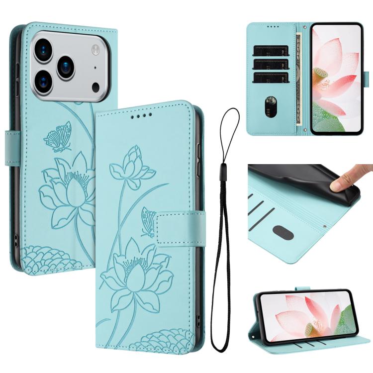 For iPhone 17 Pro Lotus Embossed Leather Phone Case with Lanyard(Green)