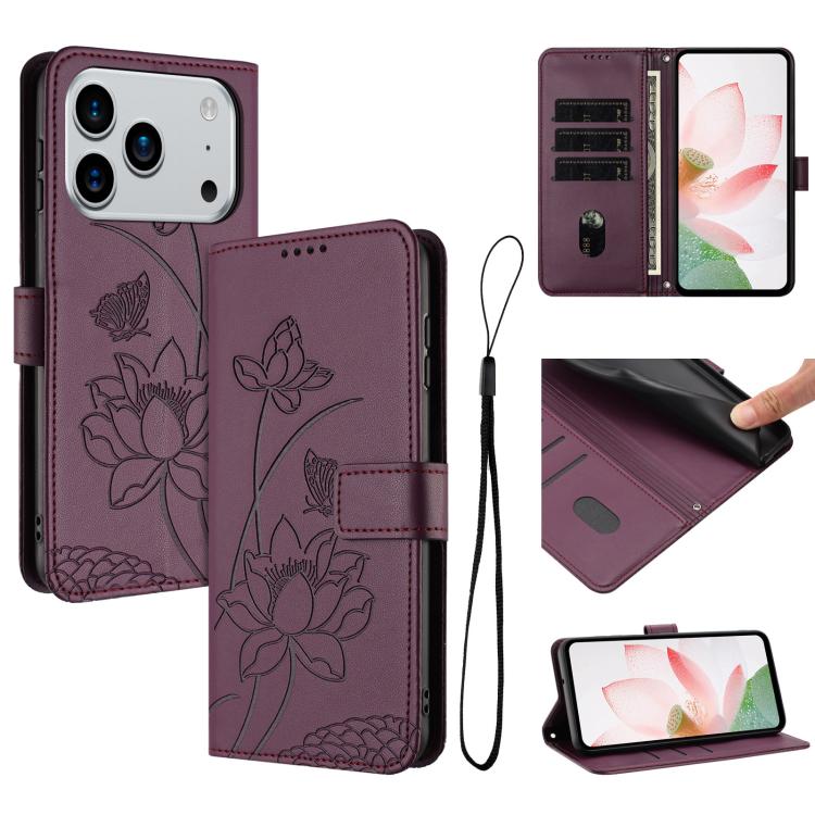 For iPhone 17 Pro Lotus Embossed Leather Phone Case with Lanyard(Wine Red)