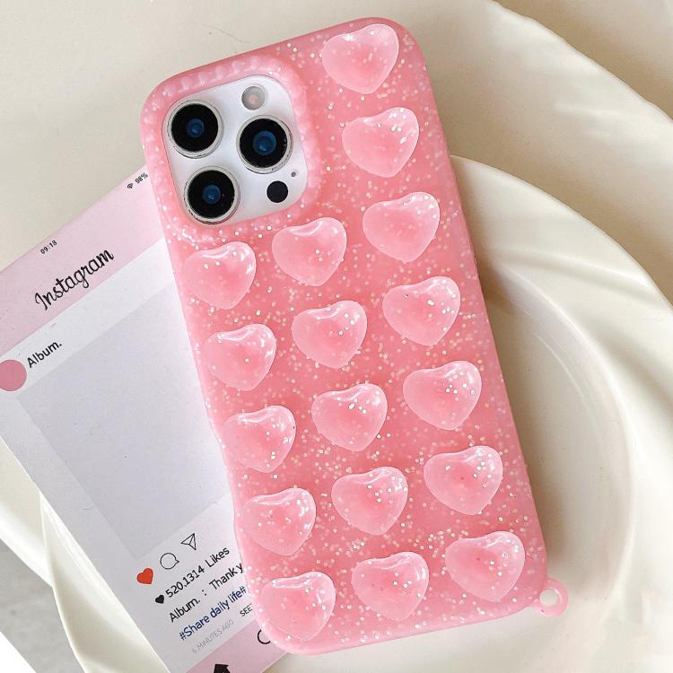 For iPhone 17 Pro Love Heart Suction Cup Translucent Glitter Phone Case(Pink)