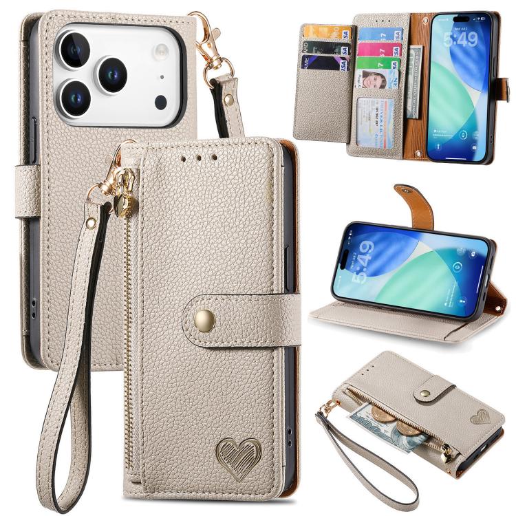 For iPhone 17 Pro Love Zipper Lanyard Leather Phone Case(Gray)