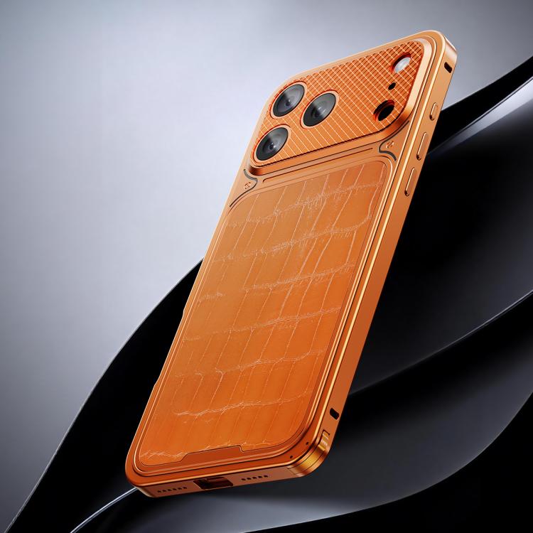 For iPhone 17 Pro Luxury Leather-Texture Magnetic Metal Phone Case with Spring Buckle(Orange)