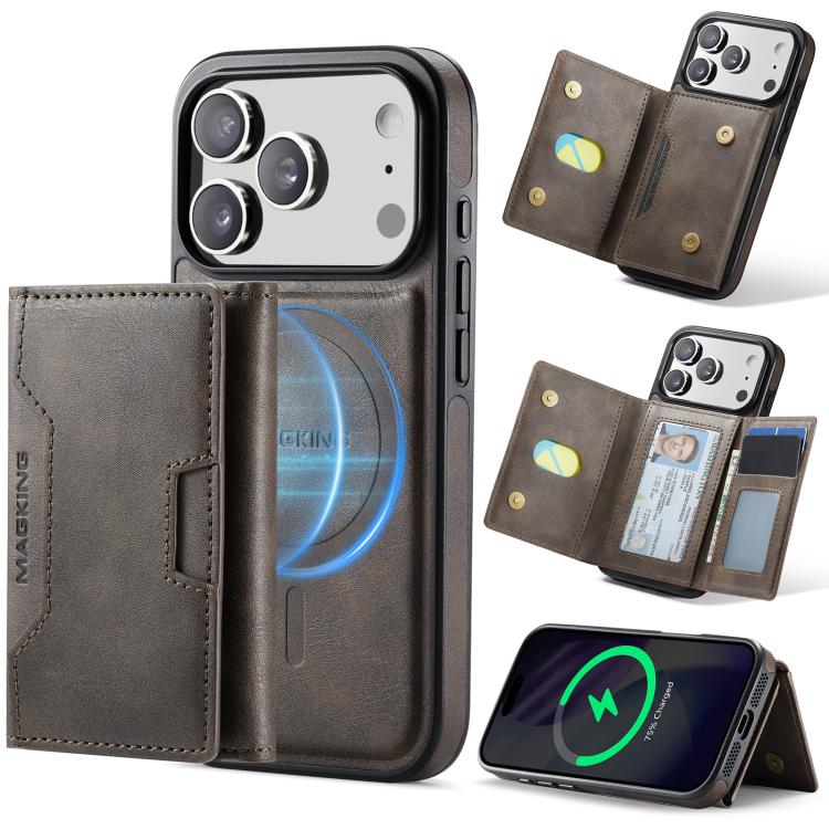 For iPhone 17 Pro MAGKING K4 Series MagSafe RFID Tri-fold Card Bag Detachable Phone Case(Coffee)