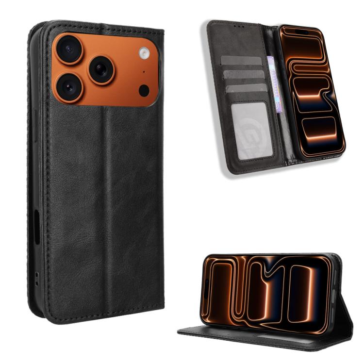 For iPhone 17 Pro Magnetic Buckle Retro Texture Leather Phone Case(Black)