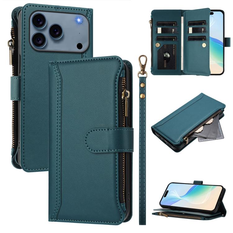 For iPhone 17 Pro Magnetic Closure 9 Card Slots Zipper Leather Case with Hand Strap(Dark Green)