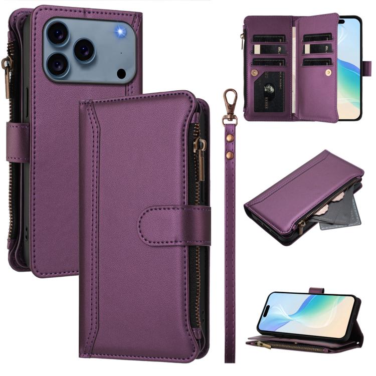 For iPhone 17 Pro Magnetic Closure 9 Card Slots Zipper Leather Case with Hand Strap(Purple)