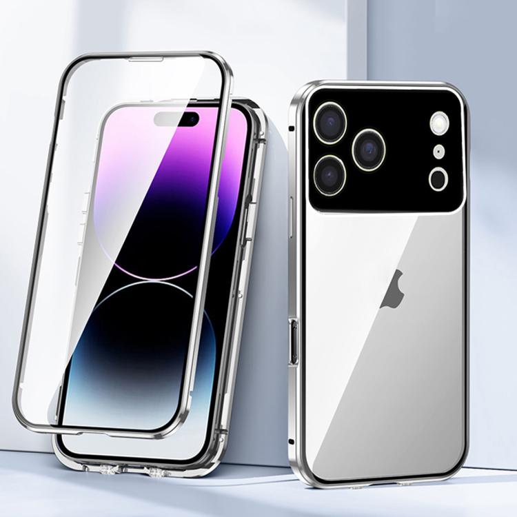 For iPhone 17 Pro Magnetic Double-buckle HD Tempered Glass Phone Case(Silver)