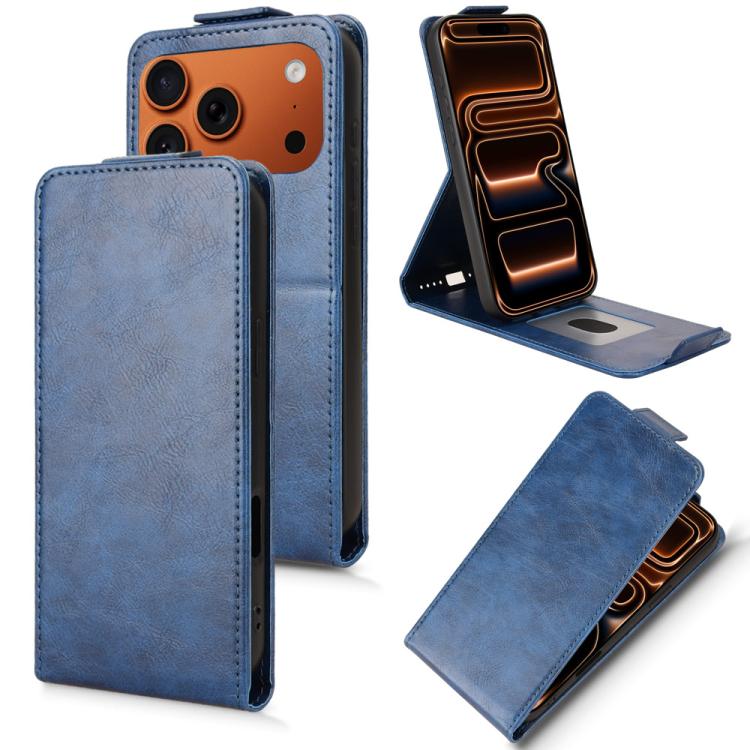 For iPhone 17 Pro Magnetic Vertical Flip Leather Phone Case with Buckle(Blue)
