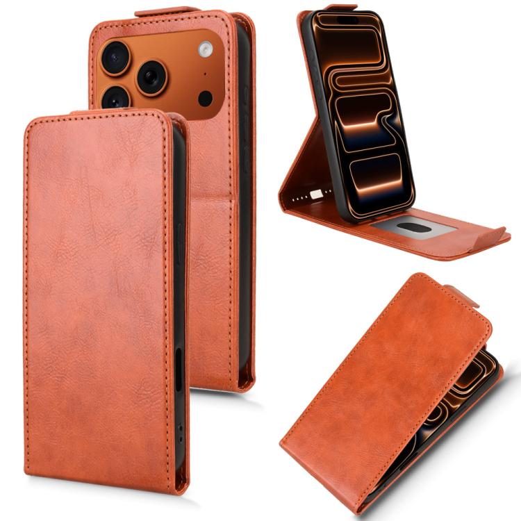 For iPhone 17 Pro Magnetic Vertical Flip Leather Phone Case with Buckle(Brown)