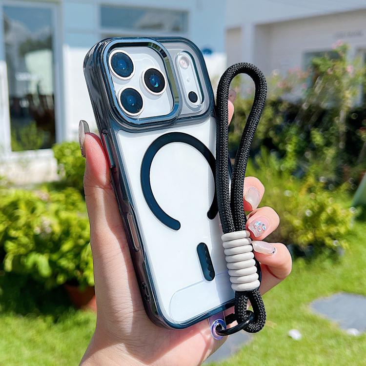 For iPhone 17 Pro MagSafe Magnetic Clear Phone Case with Wrist Strap(Black)
